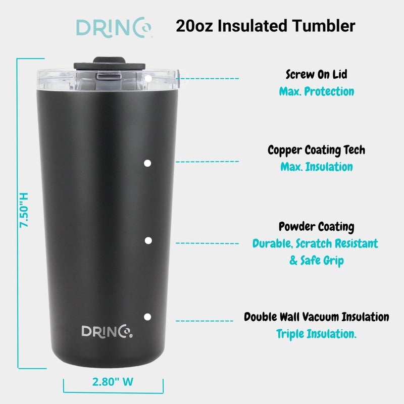 Drinco - 20 oz Stainless Steel Tumbler | Double Walled Vacuum Insulated Mug With Lid, 2 Straws, For Hot & Cold Drinks (20oz Black, 20oz) - Image 4